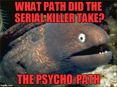 Bad Joke Eel Meme | WHAT PATH DID THE SERIAL KILLER TAKE? THE PSYCHO-PATH | image tagged in memes,bad joke eel,trhtimmy | made w/ Imgflip meme maker