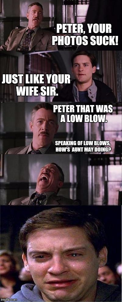 Peter Parker Cry | PETER, YOUR PHOTOS SUCK! JUST LIKE YOUR WIFE SIR. PETER THAT WAS A LOW BLOW. SPEAKING OF LOW BLOWS, HOW'S  AUNT MAY DOING? | image tagged in memes,peter parker cry | made w/ Imgflip meme maker