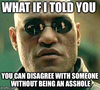 What if i told you | WHAT IF I TOLD YOU; YOU CAN DISAGREE WITH SOMEONE WITHOUT BEING AN ASSHOLE | image tagged in what if i told you | made w/ Imgflip meme maker