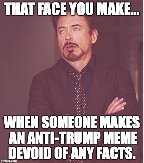 Face You Make Robert Downey Jr Meme | THAT FACE YOU MAKE... WHEN SOMEONE MAKES AN ANTI-TRUMP MEME DEVOID OF ANY FACTS. | image tagged in memes,face you make robert downey jr | made w/ Imgflip meme maker