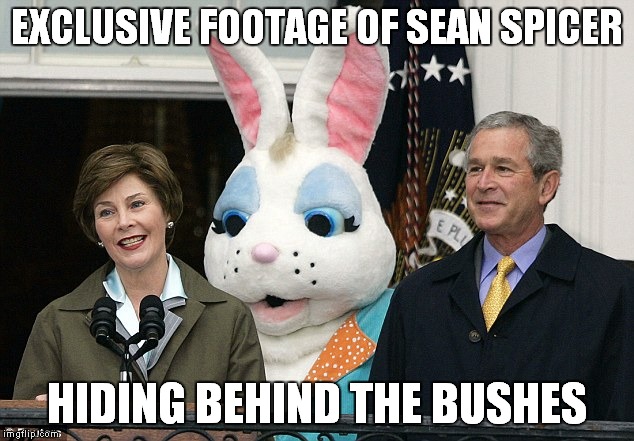 Sean Spicer hiding behind the Bushes |  EXCLUSIVE FOOTAGE OF SEAN SPICER; HIDING BEHIND THE BUSHES | image tagged in sean spicer,george bush | made w/ Imgflip meme maker