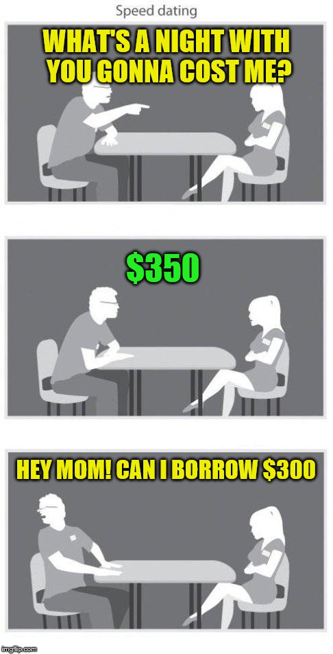 Speed dating | WHAT'S A NIGHT WITH YOU GONNA COST ME? $350; HEY MOM! CAN I BORROW $300 | image tagged in speed dating | made w/ Imgflip meme maker