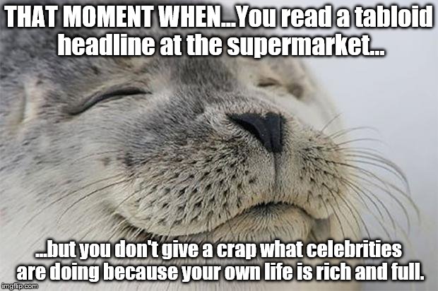 This tabloid story affects my life...HOW? | THAT MOMENT WHEN...You read a tabloid headline at the supermarket... ...but you don't give a crap what celebrities are doing because your own life is rich and full. | image tagged in memes,satisfied seal | made w/ Imgflip meme maker