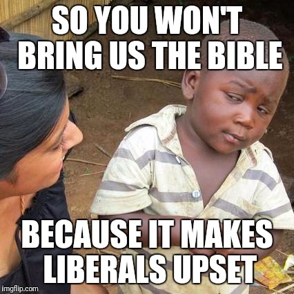 Third World Skeptical Kid | SO YOU WON'T BRING US THE BIBLE; BECAUSE IT MAKES LIBERALS UPSET | image tagged in memes,third world skeptical kid | made w/ Imgflip meme maker