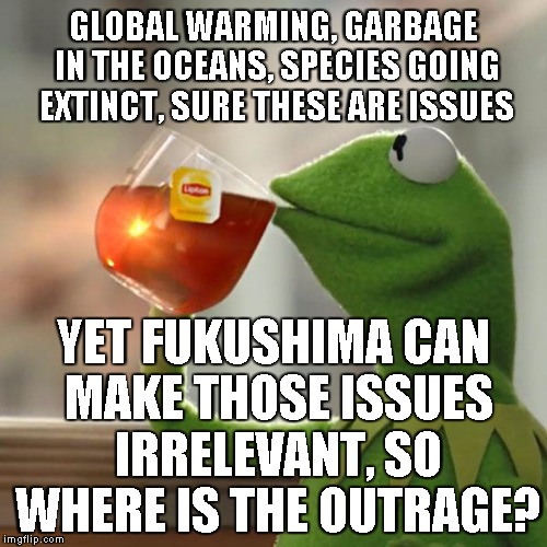 But That's None Of My Business | GLOBAL WARMING, GARBAGE IN THE OCEANS, SPECIES GOING EXTINCT, SURE THESE ARE ISSUES; YET FUKUSHIMA CAN MAKE THOSE ISSUES IRRELEVANT, SO WHERE IS THE OUTRAGE? | image tagged in memes,but thats none of my business,kermit the frog | made w/ Imgflip meme maker