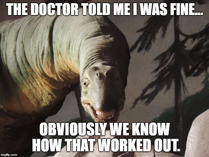 THE DOCTOR TOLD ME I WAS FINE... OBVIOUSLY WE KNOW HOW THAT WORKED OUT. | image tagged in tmw dinosaur | made w/ Imgflip meme maker