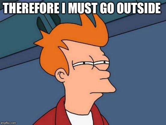 Futurama Fry Meme | THEREFORE I MUST GO OUTSIDE | image tagged in memes,futurama fry | made w/ Imgflip meme maker