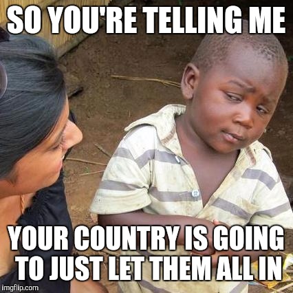 Third World Skeptical Kid Meme | SO YOU'RE TELLING ME YOUR COUNTRY IS GOING TO JUST LET THEM ALL IN | image tagged in memes,third world skeptical kid | made w/ Imgflip meme maker