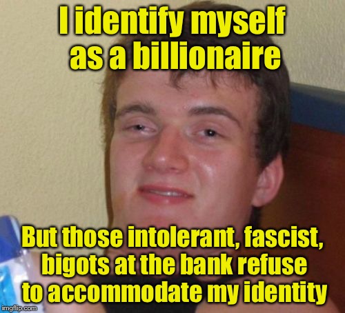 10 Guy Meme | I identify myself as a billionaire; But those intolerant, fascist, bigots at the bank refuse to accommodate my identity | image tagged in memes,10 guy | made w/ Imgflip meme maker