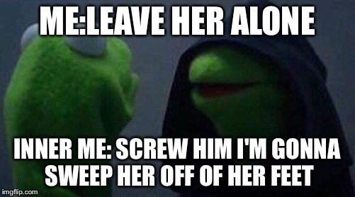 kermit me to me | ME:LEAVE HER ALONE; INNER ME: SCREW HIM I'M GONNA SWEEP HER OFF OF HER FEET | image tagged in kermit me to me | made w/ Imgflip meme maker