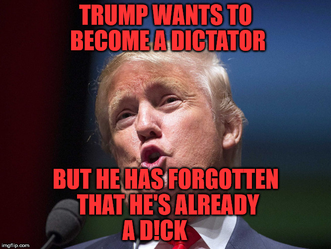 donald trump huge | TRUMP WANTS TO BECOME A DICTATOR; BUT HE HAS FORGOTTEN THAT HE'S ALREADY A D!CK | image tagged in donald trump huge | made w/ Imgflip meme maker