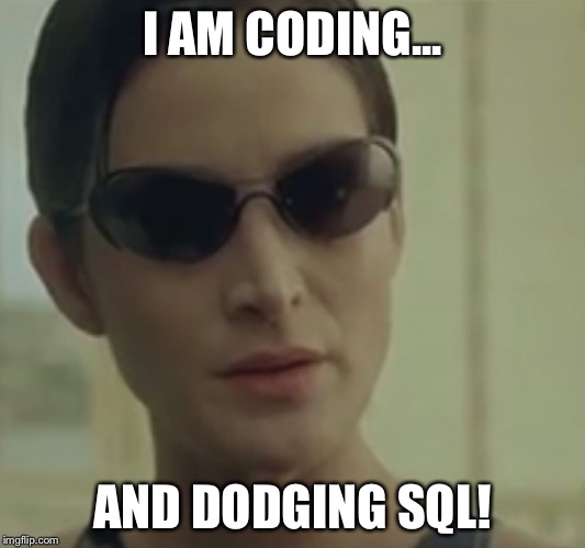 trinity matrix | I AM CODING... AND DODGING SQL! | image tagged in trinity matrix | made w/ Imgflip meme maker