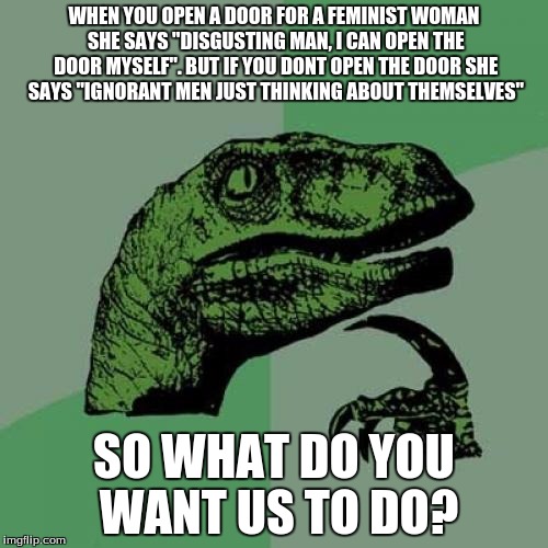 Philosoraptor | WHEN YOU OPEN A DOOR FOR A FEMINIST WOMAN SHE SAYS "DISGUSTING MAN, I CAN OPEN THE DOOR MYSELF". BUT IF YOU DONT OPEN THE DOOR SHE SAYS "IGNORANT MEN JUST THINKING ABOUT THEMSELVES"; SO WHAT DO YOU WANT US TO DO? | image tagged in memes,philosoraptor | made w/ Imgflip meme maker