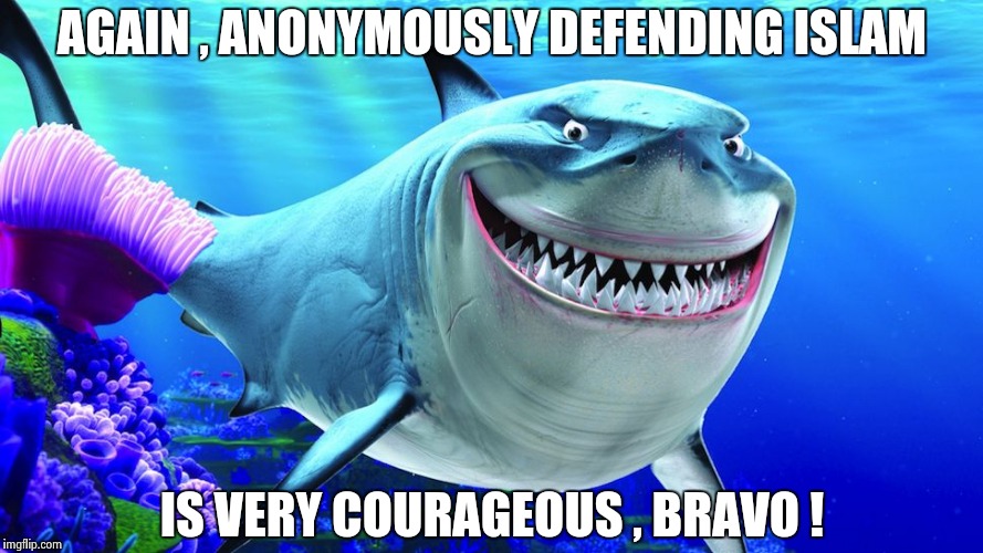 Happy Shark | AGAIN , ANONYMOUSLY DEFENDING ISLAM IS VERY COURAGEOUS , BRAVO ! | image tagged in happy shark | made w/ Imgflip meme maker
