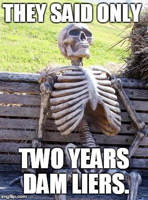 Waiting Skeleton | THEY SAID ONLY; TWO YEARS DAM LIERS. | image tagged in memes,waiting skeleton | made w/ Imgflip meme maker