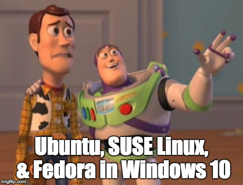 Ubuntu, SUSE Linux, & Fedora in Windows 10 | Ubuntu, SUSE Linux, & Fedora in Windows 10 | image tagged in memes,x x everywhere | made w/ Imgflip meme maker