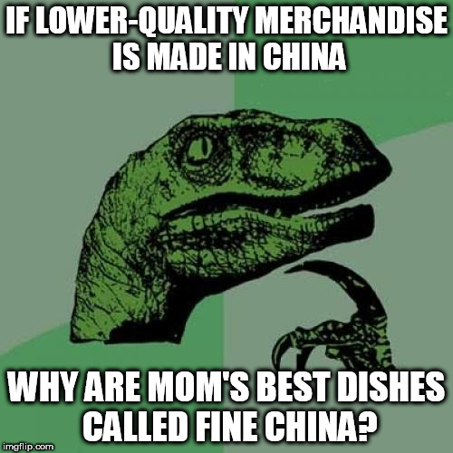 Philosoraptor | IF LOWER-QUALITY MERCHANDISE IS MADE IN CHINA; WHY ARE MOM'S BEST DISHES CALLED FINE CHINA? | image tagged in memes,philosoraptor | made w/ Imgflip meme maker