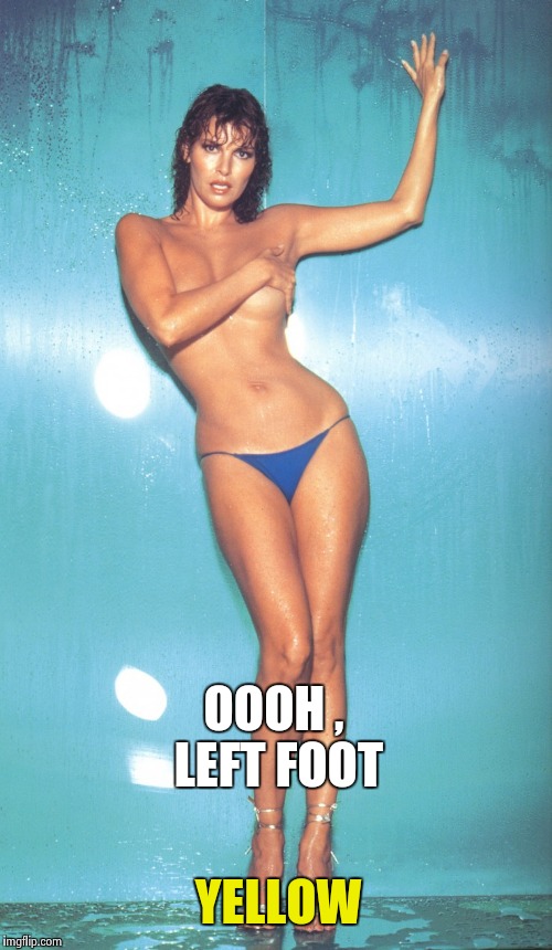 Raquel Welch | OOOH , LEFT FOOT YELLOW | image tagged in raquel welch | made w/ Imgflip meme maker