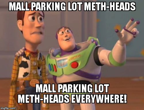 X, X Everywhere | MALL PARKING LOT METH-HEADS; MALL PARKING LOT METH-HEADS EVERYWHERE! | image tagged in memes,x x everywhere | made w/ Imgflip meme maker