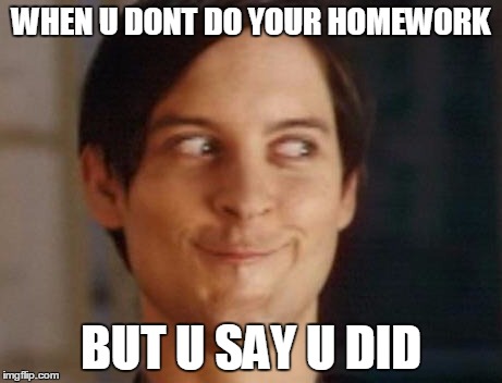 Spiderman Peter Parker Meme | WHEN U DONT DO YOUR HOMEWORK; BUT U SAY U DID | image tagged in memes,spiderman peter parker | made w/ Imgflip meme maker