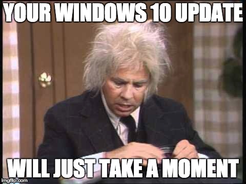 Windows 10 Update | YOUR WINDOWS 10 UPDATE; WILL JUST TAKE A MOMENT | image tagged in tim conway,little old man | made w/ Imgflip meme maker