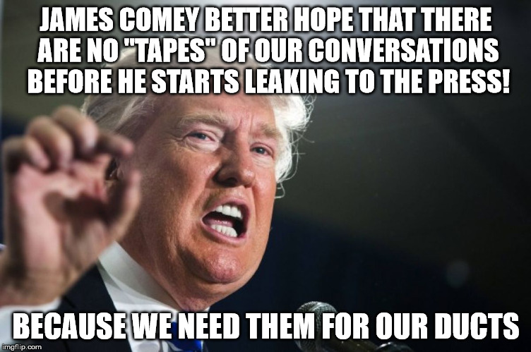 donald trump | JAMES COMEY BETTER HOPE THAT THERE ARE NO "TAPES" OF OUR CONVERSATIONS BEFORE HE STARTS LEAKING TO THE PRESS! BECAUSE WE NEED THEM FOR OUR DUCTS | image tagged in donald trump | made w/ Imgflip meme maker