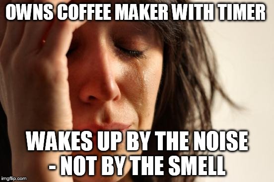 First World Problems |  OWNS COFFEE MAKER WITH TIMER; WAKES UP BY THE NOISE - NOT BY THE SMELL | image tagged in memes,first world problems | made w/ Imgflip meme maker