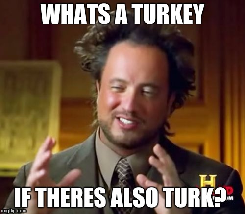 Ancient Aliens | WHATS A TURKEY; IF THERES ALSO TURK? | image tagged in memes,ancient aliens | made w/ Imgflip meme maker