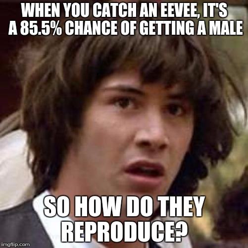Conspiracy Keanu | WHEN YOU CATCH AN EEVEE, IT'S A 85.5% CHANCE OF GETTING A MALE; SO HOW DO THEY REPRODUCE? | image tagged in memes,conspiracy keanu | made w/ Imgflip meme maker