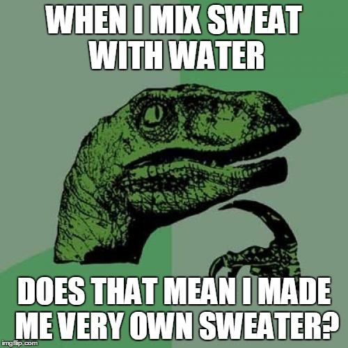 Philosoraptor Meme | WHEN I MIX SWEAT WITH WATER; DOES THAT MEAN I MADE ME VERY OWN SWEATER? | image tagged in memes,philosoraptor | made w/ Imgflip meme maker