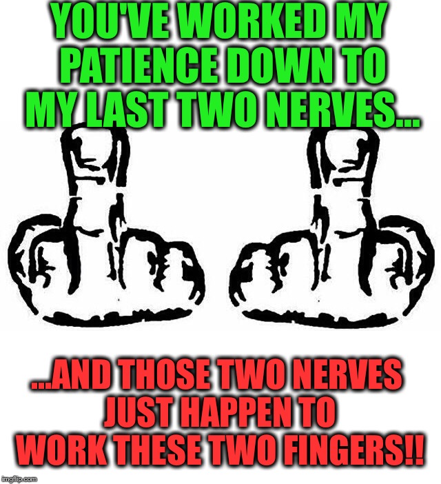 1-2-3-4 I declare a finger war!! | YOU'VE WORKED MY PATIENCE DOWN TO MY LAST TWO NERVES... ...AND THOSE TWO NERVES JUST HAPPEN TO WORK THESE TWO FINGERS!! | image tagged in memes,hot,latest,leaderboard,top users,custom template | made w/ Imgflip meme maker