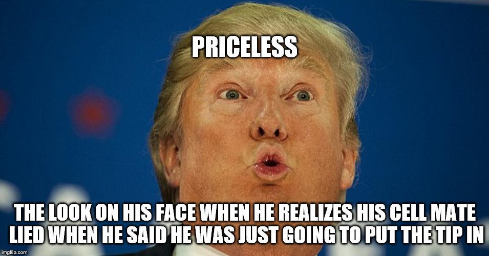 PRICELESS; THE LOOK ON HIS FACE WHEN HE REALIZES HIS CELL MATE LIED WHEN HE SAID HE WAS JUST GOING TO PUT THE TIP IN | image tagged in trump fuck face | made w/ Imgflip meme maker