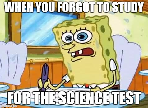 Spongebob | WHEN YOU FORGOT TO STUDY; FOR THE SCIENCE TEST | image tagged in spongebob | made w/ Imgflip meme maker