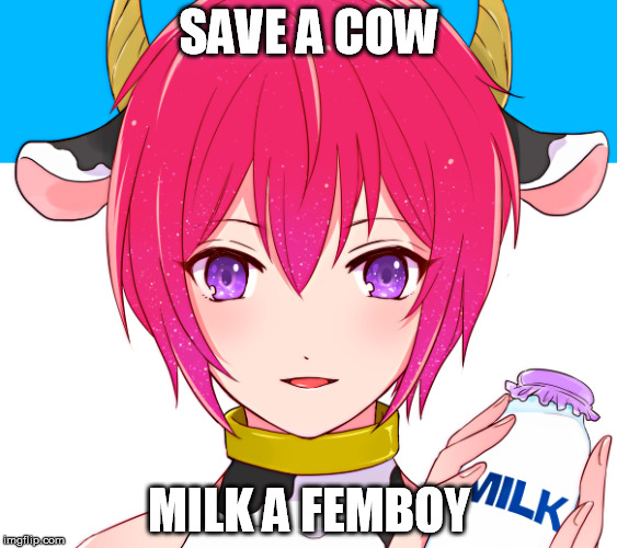 SAVE A COW; MILK A FEMBOY | image tagged in cow,milking,pretty boy,yaoi | made w/ Imgflip meme maker