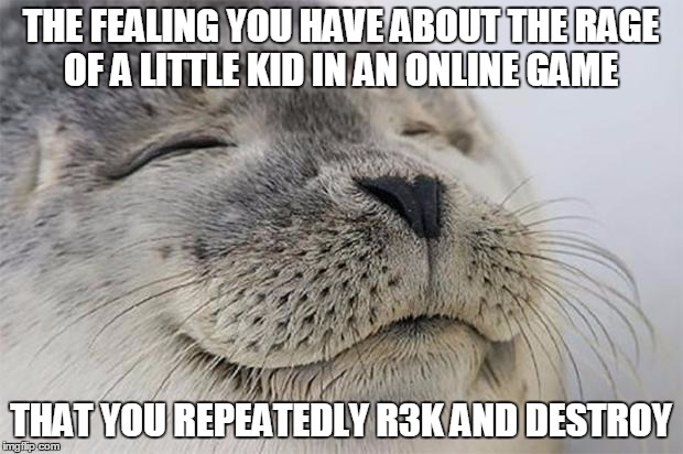 Satisfied Seal | THE FEALING YOU HAVE ABOUT THE RAGE OF A LITTLE KID IN AN ONLINE GAME; THAT YOU REPEATEDLY R3K AND DESTROY | image tagged in memes,satisfied seal | made w/ Imgflip meme maker