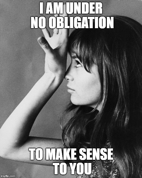 make sense | I AM UNDER NO OBLIGATION; TO MAKE SENSE TO YOU | image tagged in no obligation,make sense,be yourself | made w/ Imgflip meme maker