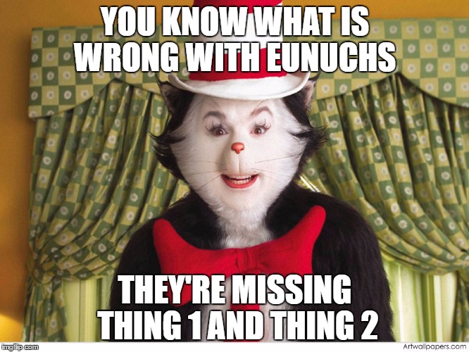 The Explaining of the Most Unfortunate People  | YOU KNOW WHAT IS WRONG WITH EUNUCHS; THEY'RE MISSING THING 1 AND THING 2 | image tagged in cat in the hat,eunuch,funny,memes,meme | made w/ Imgflip meme maker