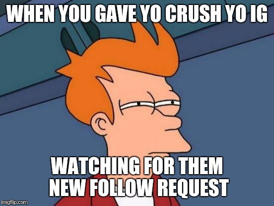 Futurama Fry Meme | WHEN YOU GAVE YO CRUSH YO IG; WATCHING FOR THEM NEW FOLLOW REQUEST | image tagged in memes,futurama fry | made w/ Imgflip meme maker