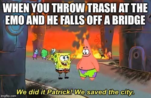 We Did it Patrick | WHEN YOU THROW TRASH AT THE EMO AND HE FALLS OFF A BRIDGE | image tagged in we did it patrick | made w/ Imgflip meme maker