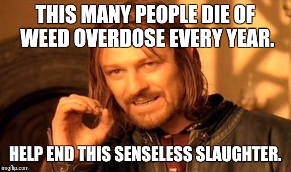 The anti-pot people are always a bit much. | THIS MANY PEOPLE DIE OF WEED OVERDOSE EVERY YEAR. HELP END THIS SENSELESS SLAUGHTER. | image tagged in memes,one does not simply,marijuana,weed | made w/ Imgflip meme maker