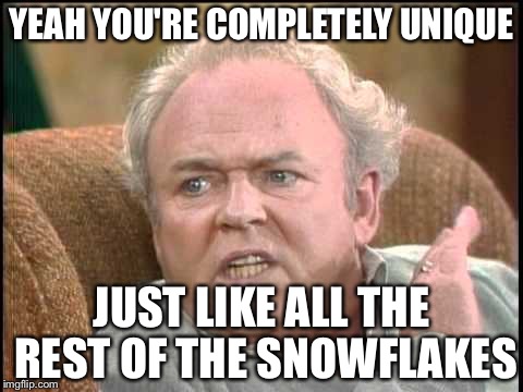 YEAH YOU'RE COMPLETELY UNIQUE; JUST LIKE ALL THE REST OF THE SNOWFLAKES | image tagged in memes,funny,archie bunker,snowflakes | made w/ Imgflip meme maker