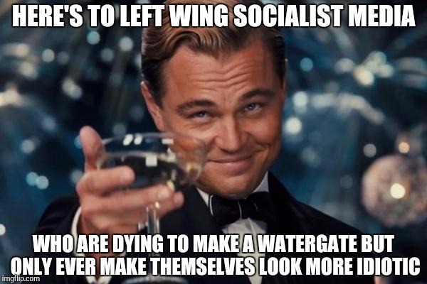 Leonardo Dicaprio Cheers Meme | HERE'S TO LEFT WING SOCIALIST MEDIA; WHO ARE DYING TO MAKE A WATERGATE BUT ONLY EVER MAKE THEMSELVES LOOK MORE IDIOTIC | image tagged in memes,leonardo dicaprio cheers | made w/ Imgflip meme maker