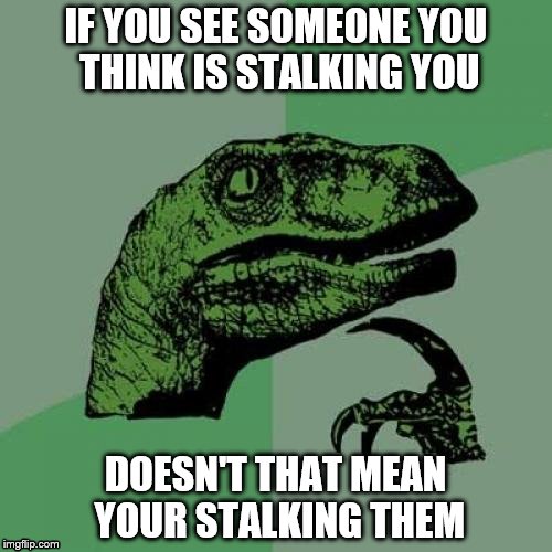stalker-stalking stalker | IF YOU SEE SOMEONE YOU THINK IS STALKING YOU; DOESN'T THAT MEAN YOUR STALKING THEM | image tagged in memes,philosoraptor | made w/ Imgflip meme maker