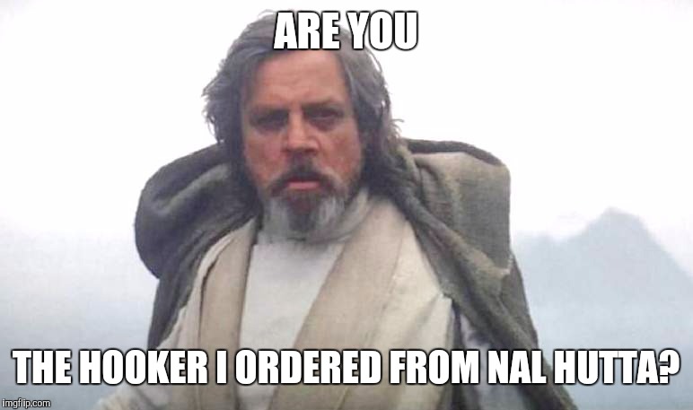 Luke Skywalker | ARE YOU; THE HOOKER I ORDERED FROM NAL HUTTA? | image tagged in luke skywalker,memes | made w/ Imgflip meme maker