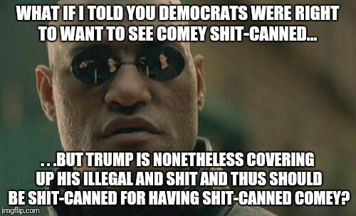 Matrix Morpheus Meme | WHAT IF I TOLD YOU DEMOCRATS WERE RIGHT TO WANT TO SEE COMEY SHIT-CANNED... . . .BUT TRUMP IS NONETHELESS COVERING UP HIS ILLEGAL AND SHIT AND THUS SHOULD BE SHIT-CANNED FOR HAVING SHIT-CANNED COMEY? | image tagged in memes,matrix morpheus | made w/ Imgflip meme maker