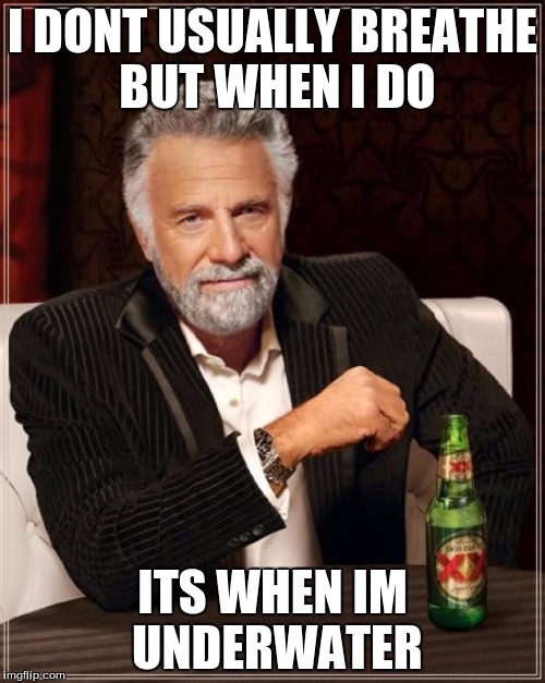 The Most Interesting Man In The World | I DONT USUALLY BREATHE BUT WHEN I DO; ITS WHEN IM UNDERWATER | image tagged in memes,the most interesting man in the world | made w/ Imgflip meme maker