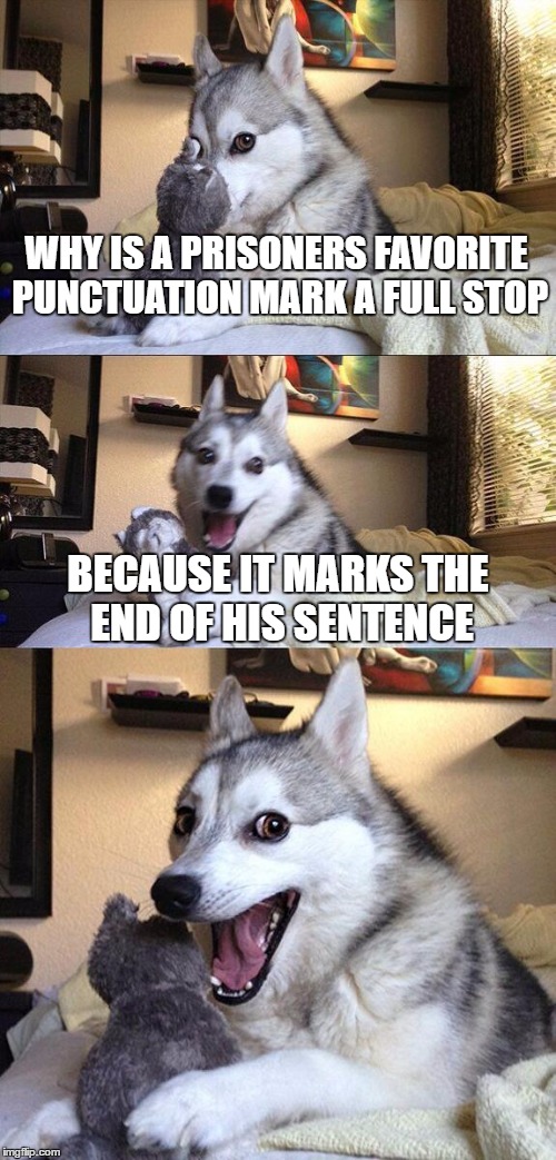 Bad Pun Dog | WHY IS A PRISONERS FAVORITE PUNCTUATION MARK A FULL STOP; BECAUSE IT MARKS THE END OF HIS SENTENCE | image tagged in memes,bad pun dog,funny memes,dogs,funny animals,funny | made w/ Imgflip meme maker