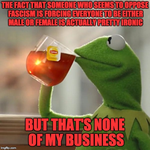 But That's None Of My Business Meme | THE FACT THAT SOMEONE WHO SEEMS TO OPPOSE FASCISM IS FORCING EVERYONE TO BE EITHER MALE OR FEMALE IS ACTUALLY PRETTY IRONIC BUT THAT'S NONE  | image tagged in memes,but thats none of my business,kermit the frog | made w/ Imgflip meme maker