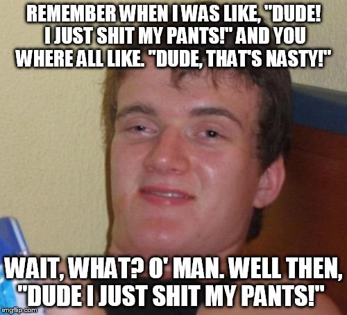 10 Guy Meme | REMEMBER WHEN I WAS LIKE, "DUDE! I JUST SHIT MY PANTS!" AND YOU WHERE ALL LIKE. "DUDE, THAT'S NASTY!"; WAIT, WHAT? O' MAN. WELL THEN, "DUDE I JUST SHIT MY PANTS!" | image tagged in memes,10 guy,funny,gross,party,partying | made w/ Imgflip meme maker