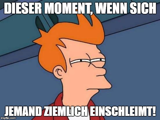 Futurama Fry Meme | DIESER MOMENT, WENN SICH; JEMAND ZIEMLICH EINSCHLEIMT! | image tagged in memes,futurama fry | made w/ Imgflip meme maker